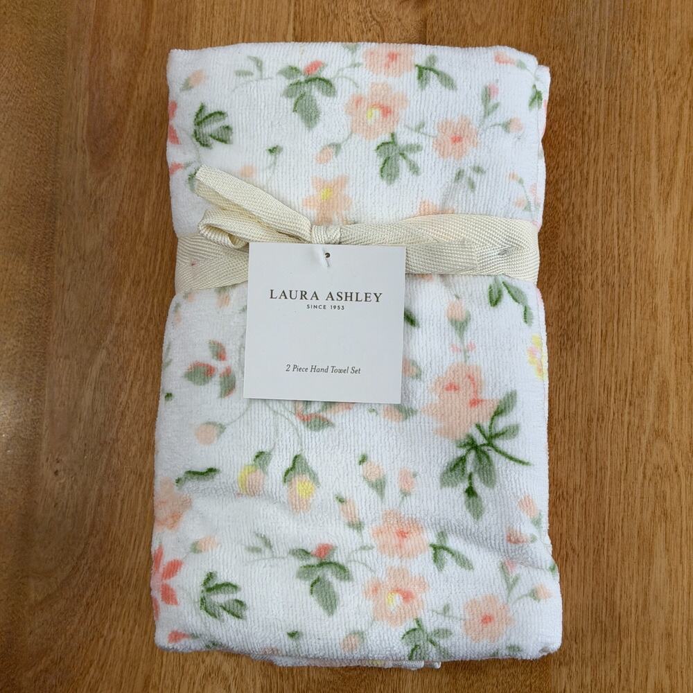 Laura Ashley Evie Floral Hand Towels Set of 2 Pink Green 100% Cotton 16x30 NWT